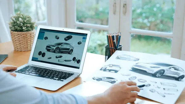 Car Design Ingenieur Analyseren Auto Prototype Voor Auto Industrie Kantoor — Stockfoto