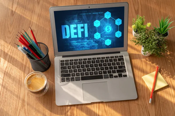 Gedecentraliseerde Financiën Defi Concept Modish Computerscherm Het Defi Systeem Geeft — Stockfoto