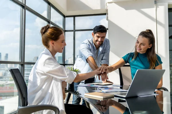 Group Skilled Businesspeople Putting Hands Together Modern Office Happy Smart — Stock Photo, Image