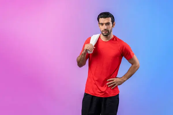 Full body length gaiety shot athletic and sporty young man in fitness exercise posture on isolated background. Healthy active and body care lifestyle.