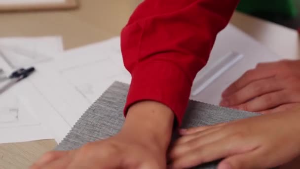 Slow Motion Hand Closeup Architecect Interior Designer Presenting Textil Material — Stock video