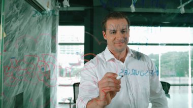 Akıllı iş adamı cam tahtanın önünde bir proje başlatmayı düşünüyor. Gülümseyen erkek proje yöneticisi yaratıcılık pazarlama stratejisini gösteren renkli yapışkan notlara bakıyor. Yönlendirici.