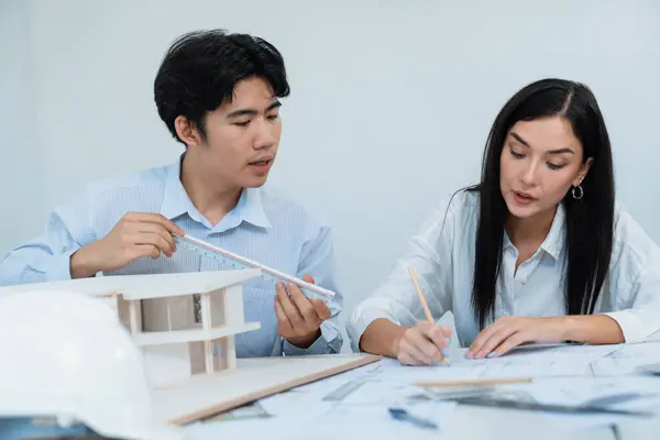 Portrait Cooperative Engineer Team Working Together Measure House Model Using — Stock Photo, Image