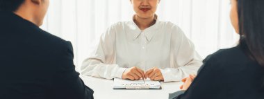 Kariyer hedefini tartışmak ve özgeçmiş ve deneyimi değerlendirmek için işe alım başvurusunda bulunan bir şirket çalışanı. Kariyer fırsatı için iş görüşmesi ve İK yöneticisi konsepti. Panorama Kurnazlığı