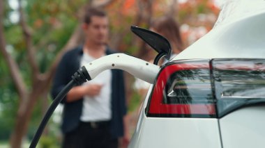 Yolculuk sırasında, Autumanl sezonunda, doğal orman ya da milli parktaki elektrikli araba için şarj olan bir adam. Tatil ve tatil boyunca çevre dostu seyahat. Yükselt