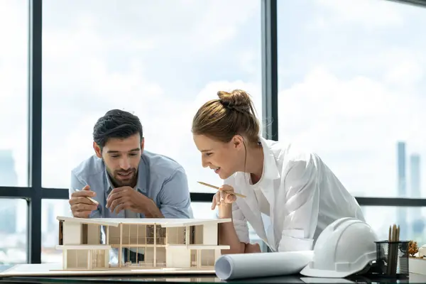 Smart Caucasian Architect Engineer Team Working Together Measure House Model — Stock Photo, Image