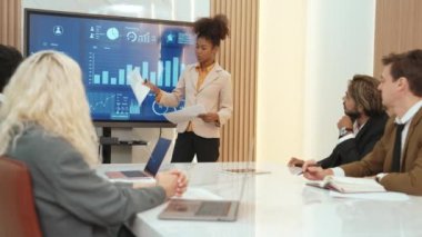 Ofisteki sunum ya da analist ekibiyle süs toplantı odasında mali verileri analiz etmek için BI Fintech 'i kullanın. İş adamları stratejik planlama için TV ekranında BI gösterge panelini analiz ediyor