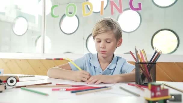Lächelnd Glücklicher Junge Färbung Kreative Bild Und Blick Die Kamera — Stockvideo