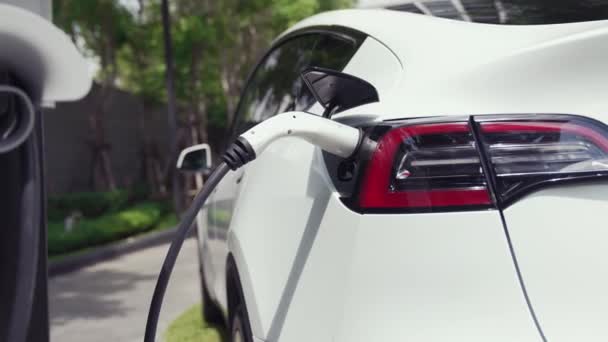 Повільний Рух Електричний Автомобіль Заряджається Зеленому Стійкому Міському Саду Влітку — стокове відео