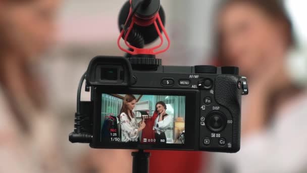 Rear View Behide Camera Screen Display Two Women Influencer Shoot — Stock Video