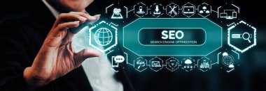 SEO - Çevrimiçi Pazarlama Konsepti için Arama Motoru Optimizasyonu. Müşteri arama ve pazar stratejisini optimize ederek anahtar kelime araştırma web sitesinin tanıtımını gösteren modern arayüz. uds