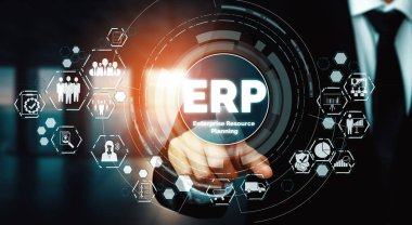 Ticari kaynaklar için Enterprise Resource Management ERP yazılım sistemi modern grafik arayüzünde sunulmuştur. Şirket kaynaklarını yönetmek için geleceğin teknolojisini göstermektedir. uds