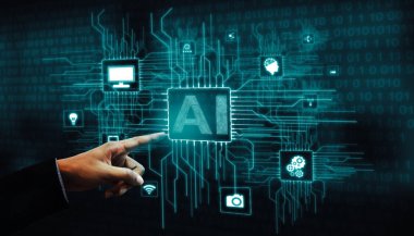 AI Öğrenme ve Yapay Zeka Kavramı - Bilgisayar, makine düşünme ve Dijital Robot Aygıtların Yapay Zeka Arayüzünü gösteren Simge Grafiksel Arayüzü.