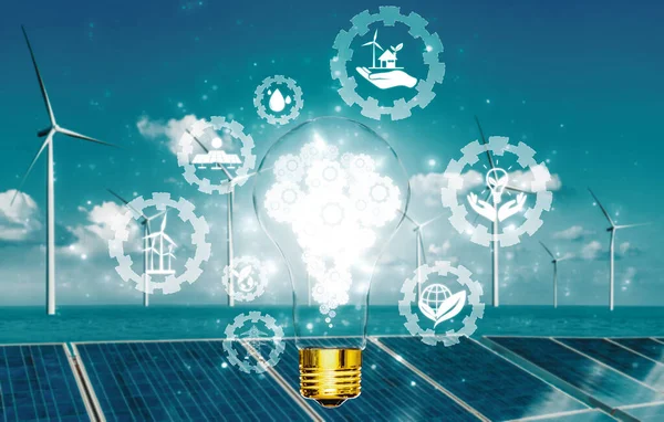 Green energy innovation light bulb with future industry of power generation icon graphic interface. Concept of sustainability development by alternative energy. uds