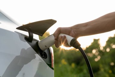 Sonbahar gezisi sırasında sonbahar ormanı arabasında elektrikli araba için şarj eden bir adam. Sonbahar tatilinde elektrikli araçla çevre dostu bir seyahat. Yükselt