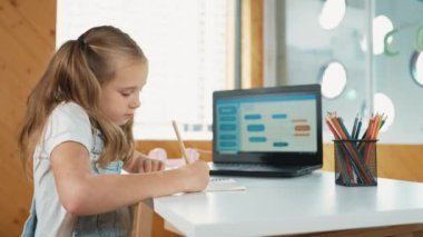 Laptop ekran mühendisliği kodlama programı ya da programlama sistemine bakarken güzel bir öğrenci düşünüyor ya da ödev yapıyor. BTMM dersinde web sitesi geliştiren zeki mutlu kız. Etkinlik.