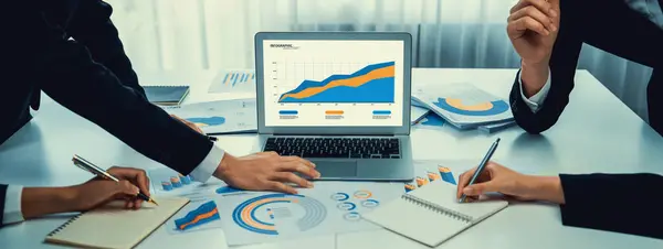 Business data dashboard analysis by computer software . Investment application display business sales and profit on the computer screen and advise marketing planning decision oratory .