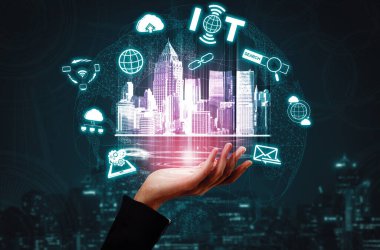 Şeyler ve İletişim Teknolojisi Konsepti İnternet - Ev ve iş kullanımı için uygulama yazılımında akıllı bilgi ve dijital yaşam tarzı gösteren modern grafik arayüzü. uds