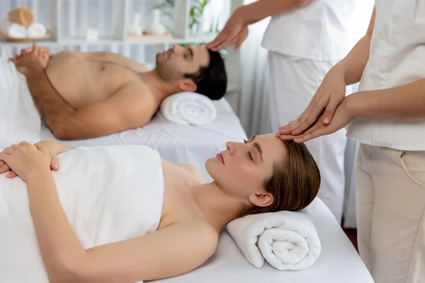 Caucasian Couple Enjoying Relaxing Stress Head Massage Pampering Facial Beauty — Stock Photo, Image