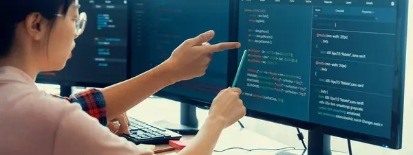 Programador Femenino Explicar Mientras Señala Código Que Muestra Ordenador Programador —  Fotos de Stock
