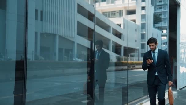 Skilled Smart Business Man Dancing Joyful While Walking Glass Wall — Stock Video