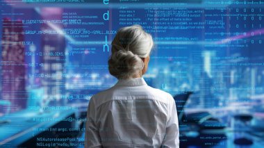 Üst düzey kadın programcı yapay zeka güdümlü pazarlama çözümleri için LISP Açık Robot Hologramı aracılığıyla yazılım analiz ediliyor.