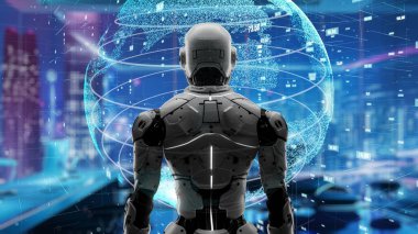 Yapay zeka mühendisliği iş başında. Yapay zeka algoritması pazarlama otomasyonu, teknik analiz, çözüm iletişimi ve hızlı yanıt için. LISP kodlu program ve 3d resimleme öğrenen makine