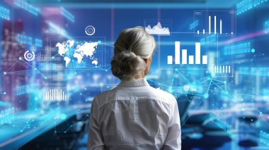 Finansal danışman veya tüccar BI ticari istihbarat veri tablosu ve grafik gösterge paneli ile çalışarak pazarlama stratejisi araştırması için karar veriyor..