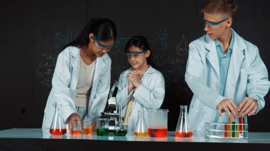 Zeki kız deney yapmak için heyecanlanan çeşitli öğrenciler iken beher kabına renkli solüsyon döker. Profesyonel bilim adamı kimyasal teoriyle kara tahtada deney yapmaya hazırlanıyor. Öğretim.