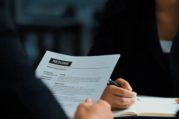 Human Resources Department Manager Reads Resume Document Employee Candidate Interview — Stock Photo, Image