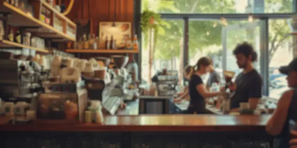 Blurred Background Busy Coffee Shop Patrons Enjoying Drinks Baristas Crafting — Stock Photo, Image