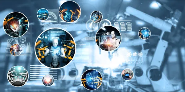 自动化人工智能工业机器人和机器人武器组装在工厂生产中 工业革命和自动化制造过程中的人工智能概念 — 图库照片
