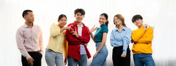 Panoramic Banner Young Happy Asian Startup Company Employee Wearing Colorful — Stock Photo, Image