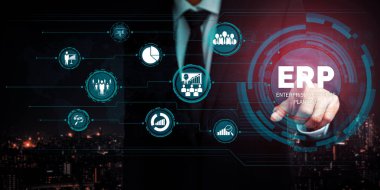 Ticari kaynaklar için Enterprise Resource Management ERP yazılım sistemi modern grafik arayüzünde sunulmuştur. Şirket kaynaklarını yönetmek için geleceğin teknolojisini göstermektedir. uds