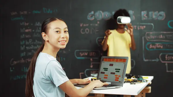 African Boy Using Glasses While Young Woman Looking Camera Coding — Stock Photo, Image