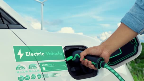 Asiatico Uomo Inserire Smart Caricabatterie Auto Elettriche Alimentate Turbina Eolica — Video Stock