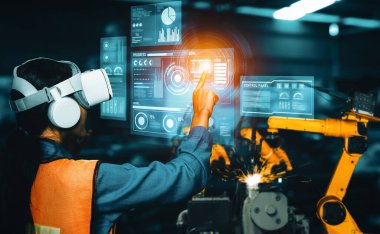 Dijital sanayi ve fabrika robotu teknolojisi için XAI Gelişmiş Robot Kol Sistemi. İnternet ağına bağlı IOT yazılımı kullanarak endüstri mühendisliği tarafından kontrol edilen otomasyon üretim robotu.