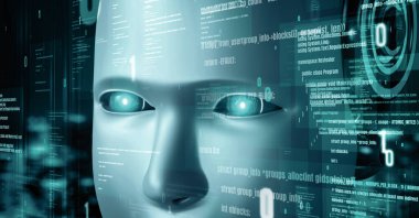 XAI 3d illüstrasyon Futuristik robot yapay zeka insansı yapay zeka programlama kodlama teknolojisi geliştirme ve makine öğrenme kavramı. İnsanlığın geleceği için robot biyonik bilim araştırması