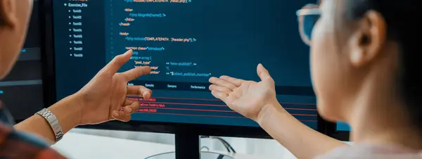 Kvinnliga Programmerare Förklara När Pekar Kod Visas Datorn Professionell Programmerare — Stockfoto