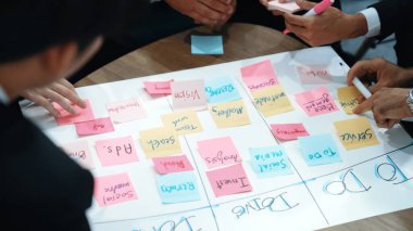 İş adamlarının işyerinde iş akışını yönetmek için sıkı yönetim kurulu kurması. Çeşitli pazarlama ekibi bir sınır çiziyor ve Kanban üzerinde çalışmak için renkli notlar kullanıyor. Kapatın. Müdürlük.