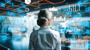 Finansal danışman veya tüccar BI ticari istihbarat veri tablosu ve grafik gösterge paneli ile çalışarak pazarlama stratejisi araştırması için karar veriyor..