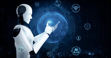 XAI 3D illüstrasyon robotu insansı cep telefonu veya tablet kullanarak küresel ağ bağlantısı için yapay zeka, yapay zeka ve 4. Sanayi devrimi için makine öğrenme sürecini kullanıyor.