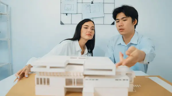 Closeup Skilled Architecture Engineer Team Measure Decide House Model While — Stock Photo, Image