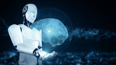 XAI 3d illüstrasyon yapay zeka ve yapay zeka kavramını gösteren sanal hologram ekran tutan yapay yapay robot yapay zeka ve makine öğrenme süreci. 3B görüntüleme.