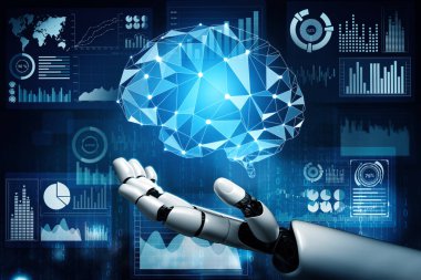 XAI 3D Renching futuristik robot teknolojisi geliştirme, yapay zeka yapay zeka ve makine öğrenme konsepti. İnsan hayatının geleceği için küresel robot biyonik bilim araştırması.