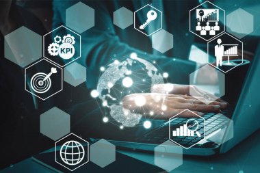 KPI İş Konsepti Performans Göstergesi - KPI yönetimi için iş hedefi değerlendirme sembolleri ve analitik numaralar gösteren modern grafik arayüzü. uds
