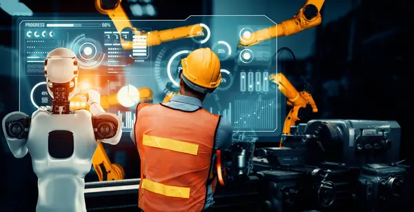 XAI Mechanized industry robot and human worker working together in future factory. Concept of artificial intelligence for industrial revolution and automation manufacturing process.