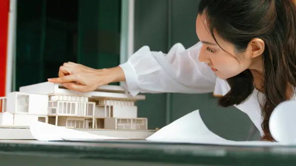 Closeup Asian Young Beautiful Architect Engineer Looking Project Plan Model — Stock Photo, Image