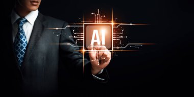 Human interact with AI artificial intelligence brain processor in concept of AI artificial intelligence engineering, big data and AI machine learning to use generative AI for business support. NLP. clipart