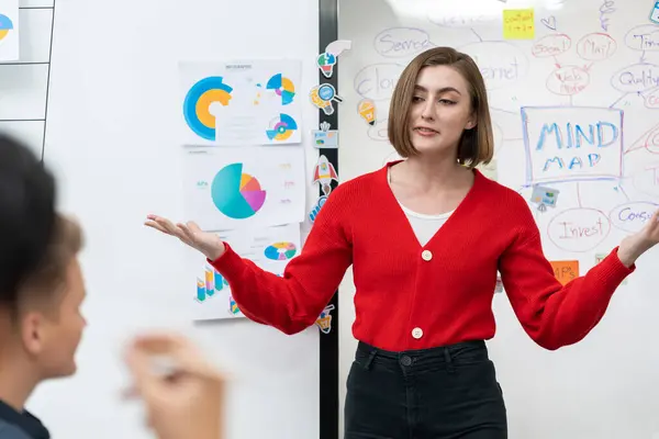 Professional Attractive Female Leader Presents Creative Marketing Plan Using Brainstorming — Stock Photo, Image